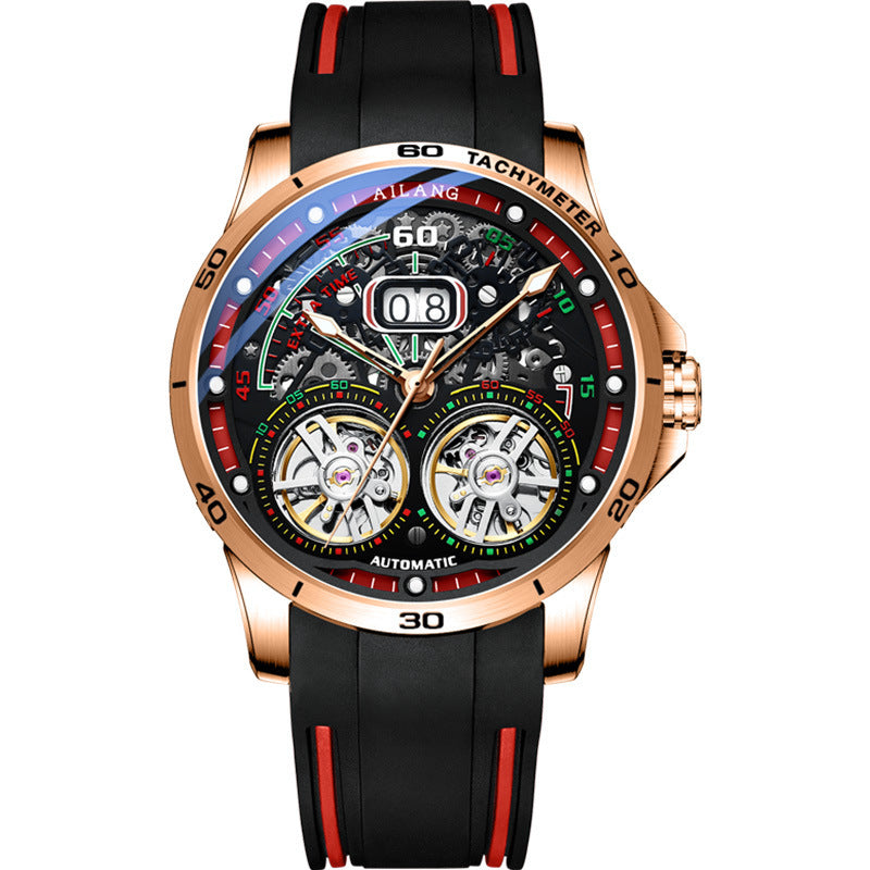 Men’s Automatic Skeleton Watch – Silicone Strap, Mineral Glass, Hollow Dial