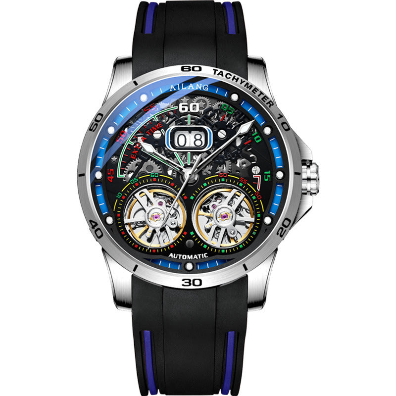 Men’s Automatic Skeleton Watch – Silicone Strap, Mineral Glass, Hollow Dial
