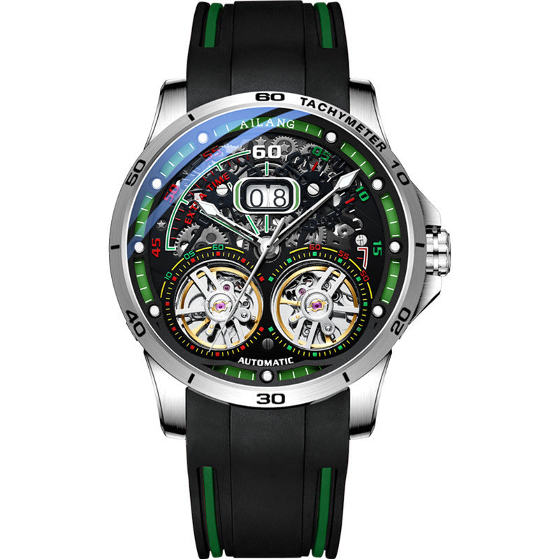 Men’s Automatic Skeleton Watch – Silicone Strap, Mineral Glass, Hollow Dial