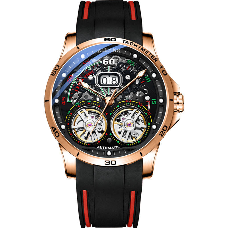Men’s Automatic Skeleton Watch – Silicone Strap, Mineral Glass, Hollow Dial