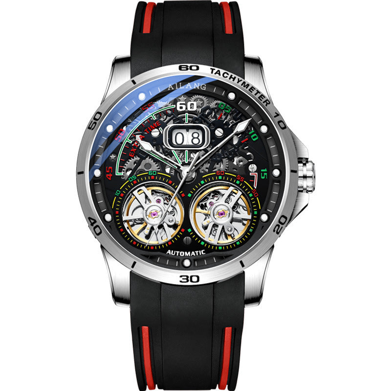 Men’s Automatic Skeleton Watch – Silicone Strap, Mineral Glass, Hollow Dial