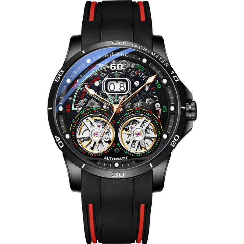 Men’s Automatic Skeleton Watch – Silicone Strap, Mineral Glass, Hollow Dial