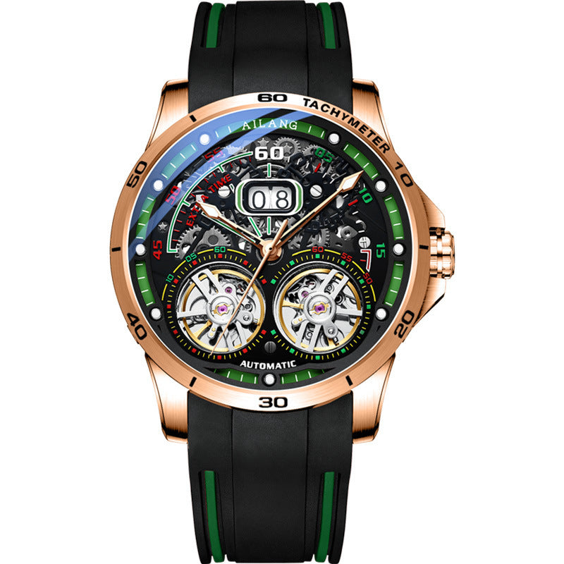 Men’s Automatic Skeleton Watch – Silicone Strap, Mineral Glass, Hollow Dial