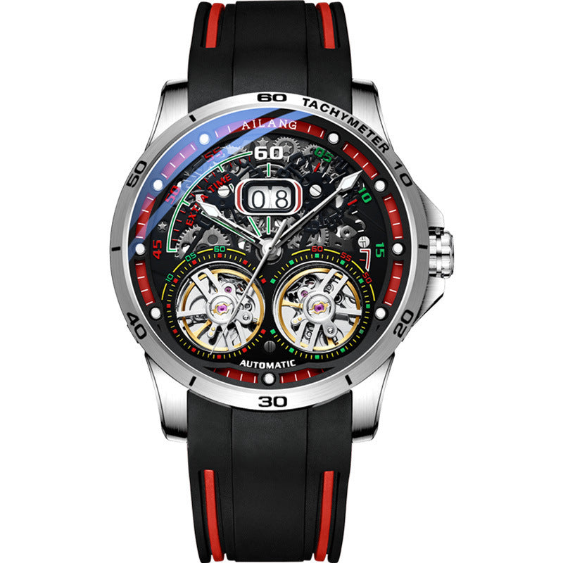 Men’s Automatic Skeleton Watch – Silicone Strap, Mineral Glass, Hollow Dial