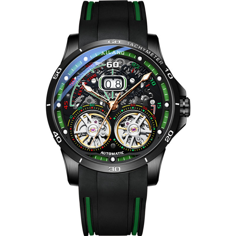 Men’s Automatic Skeleton Watch – Silicone Strap, Mineral Glass, Hollow Dial