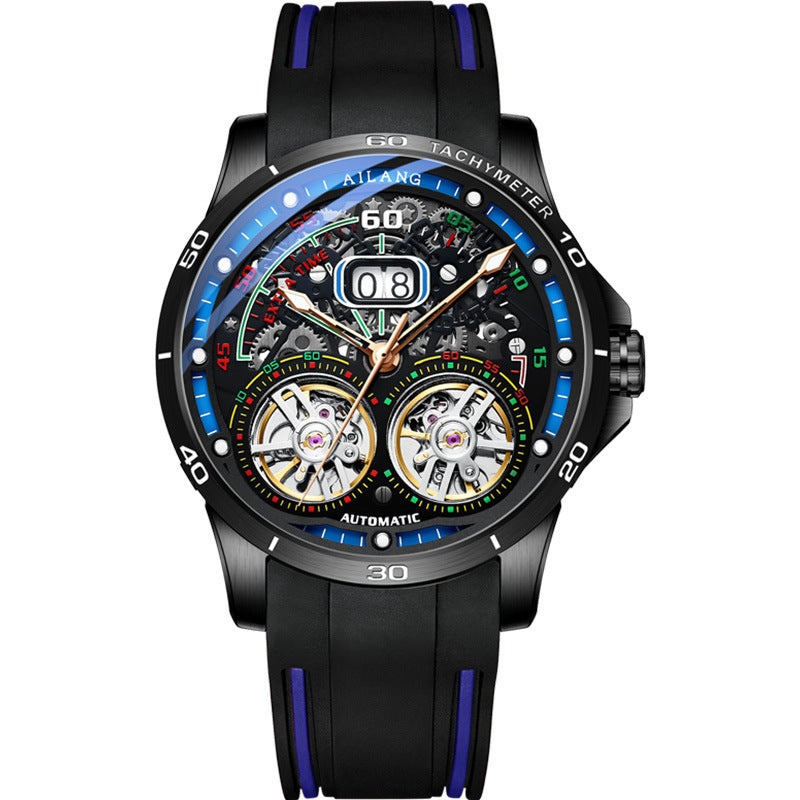 Men’s Automatic Skeleton Watch – Silicone Strap, Mineral Glass, Hollow Dial