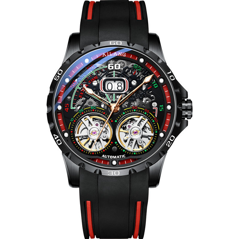 Men’s Automatic Skeleton Watch – Silicone Strap, Mineral Glass, Hollow Dial